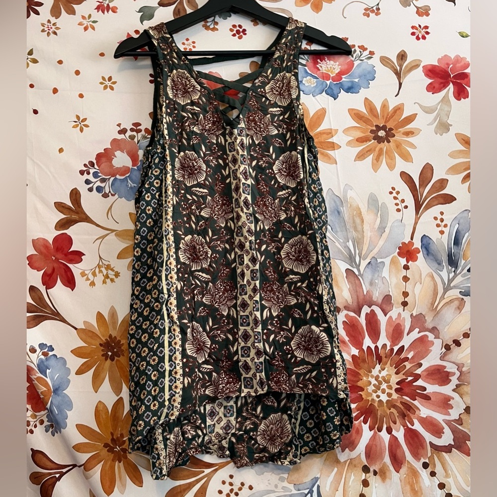 Witchy M Earth Tone Nostalgia Spring Plant Mom Casual Dark Green Tan Floral Tank